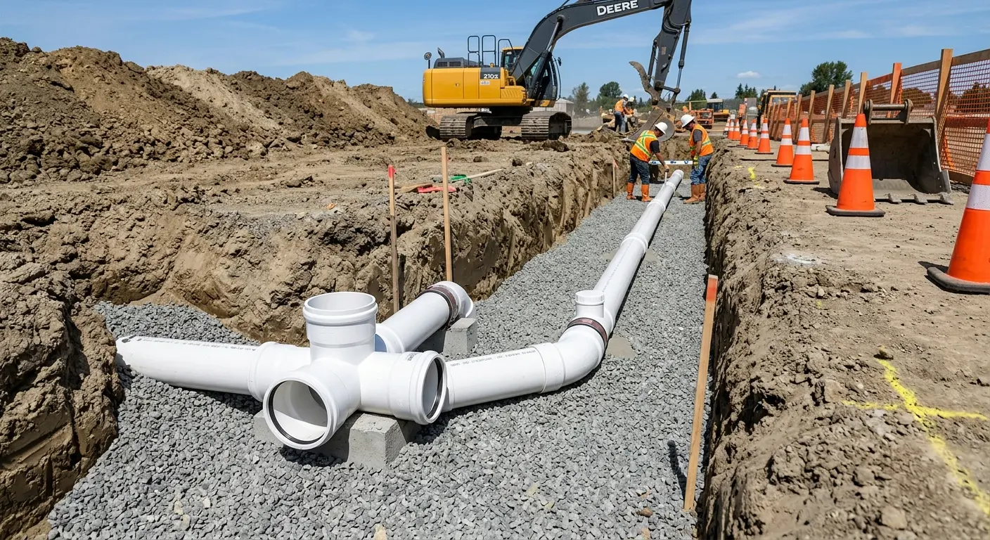 New PVC sewer pipe installation in open trench for Commercial Drain Cleaning in Castle Pines