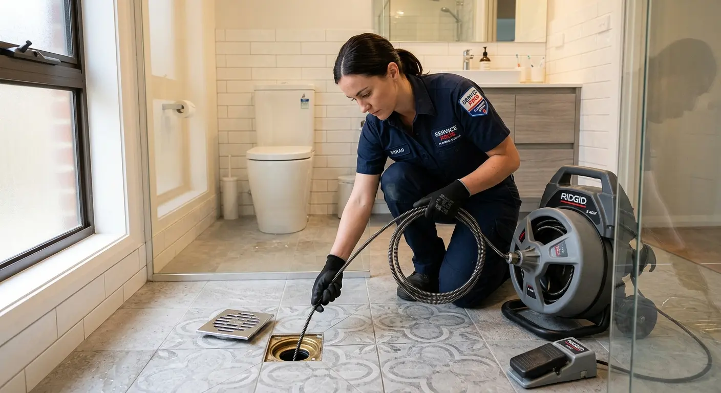 Technician clearing a bathroom floor drain for Clogged Drain Repair in Castle Pines